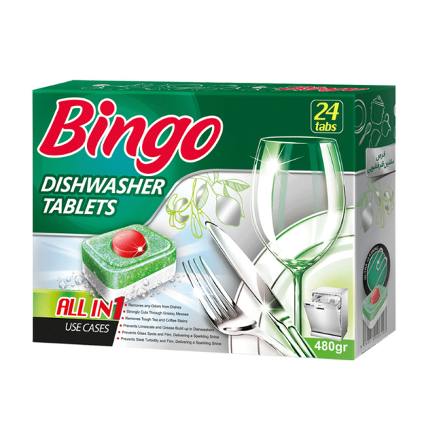 قرص ماشین ظرفشویی بینگو بسته 24 عددی خرید و قیمت قرص ماشین ظرفشویی بینگو مدل ALL IN ONE بسته 24 عددی
